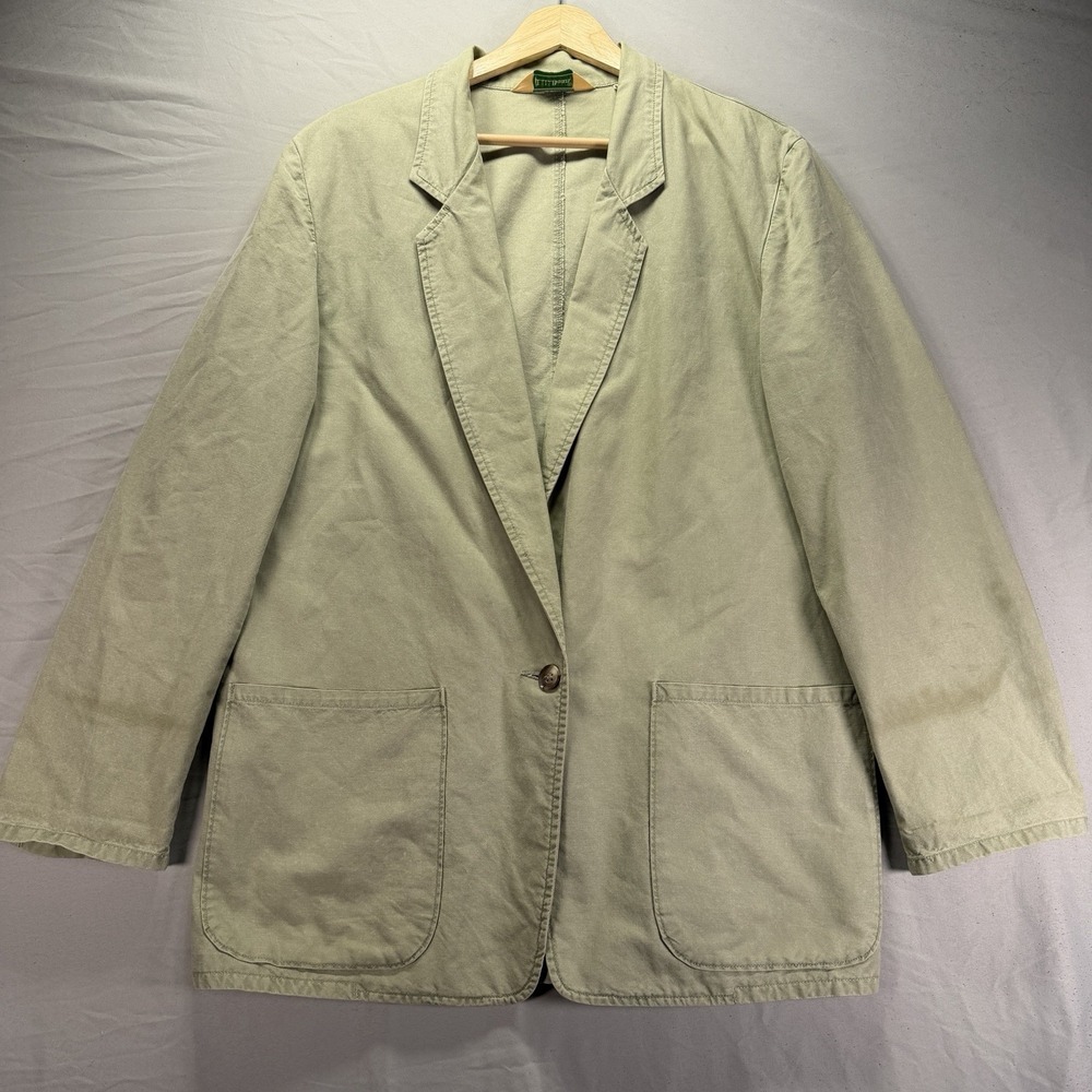 Vintage LL Bean Blazer Women 12 Green One Button Chore Coat Jacket Cotton Safari